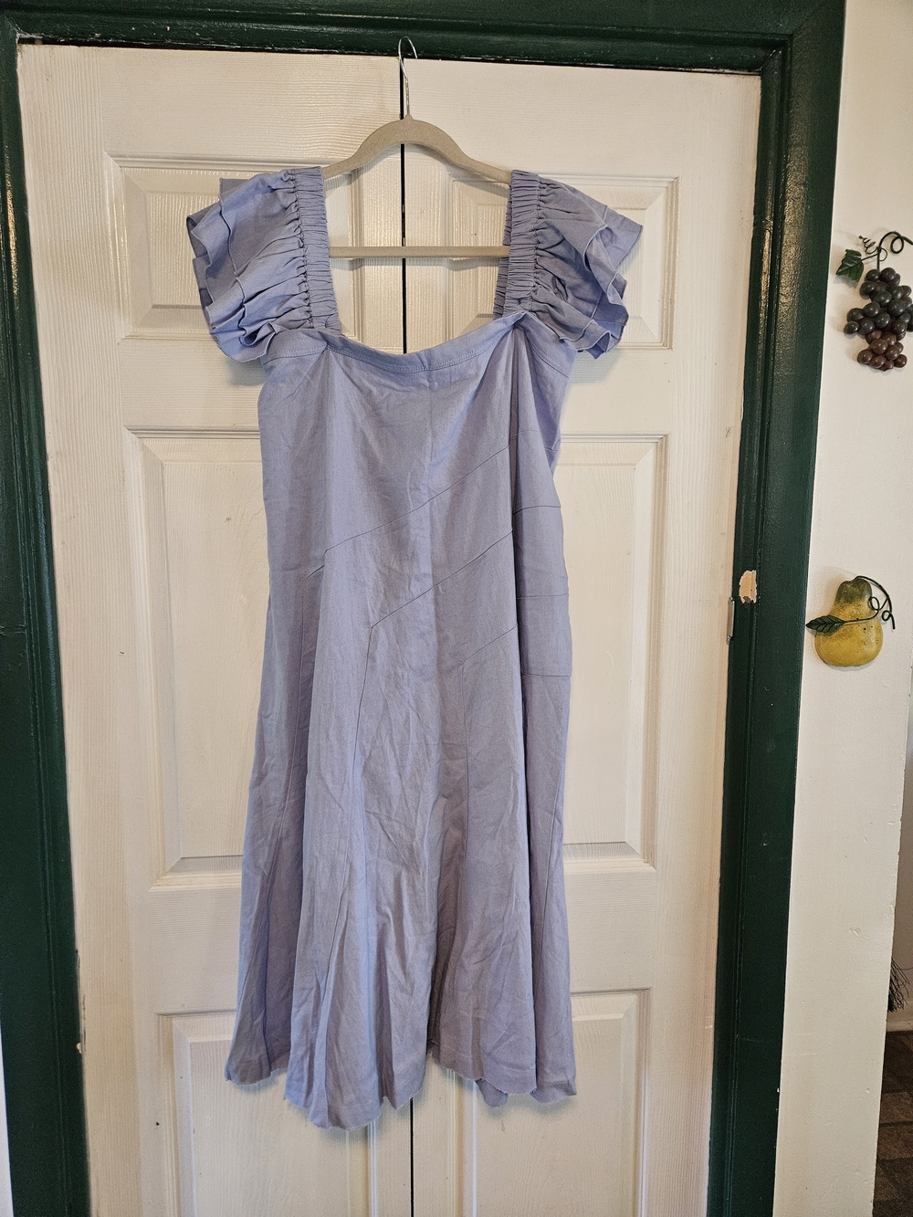 Blue Midi Dress with Ruffled Shoulder Details